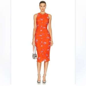 NWOT Ganni Allover Ruched Dress in Bright Orange Mesh w Floral